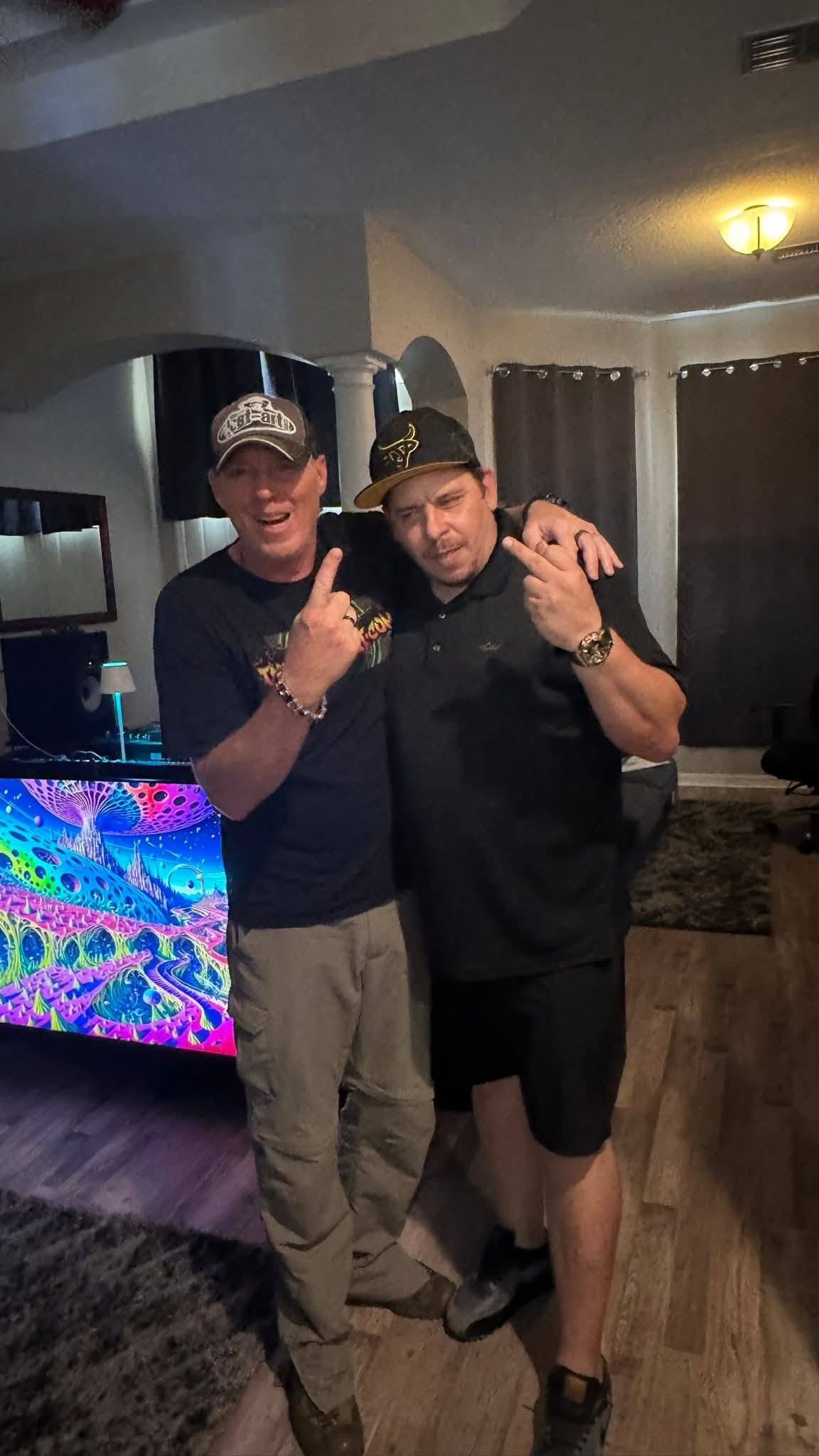 DJ Natural Nate® and Rob Cokeless posing together indoors at the Florida underground show May 2026