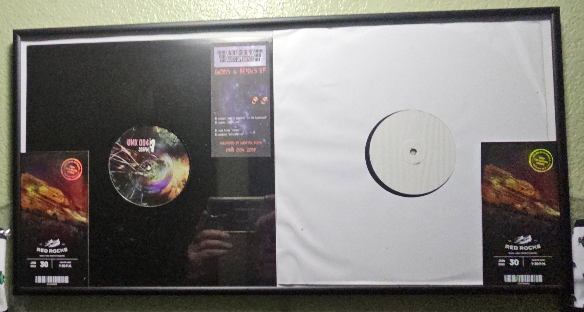 Gods & Aliens EP, UMX 004, framed original vinyl with Red Rocks ticket stubs, DJ Natural Nate Wall of Fame, Netherlands 2017
