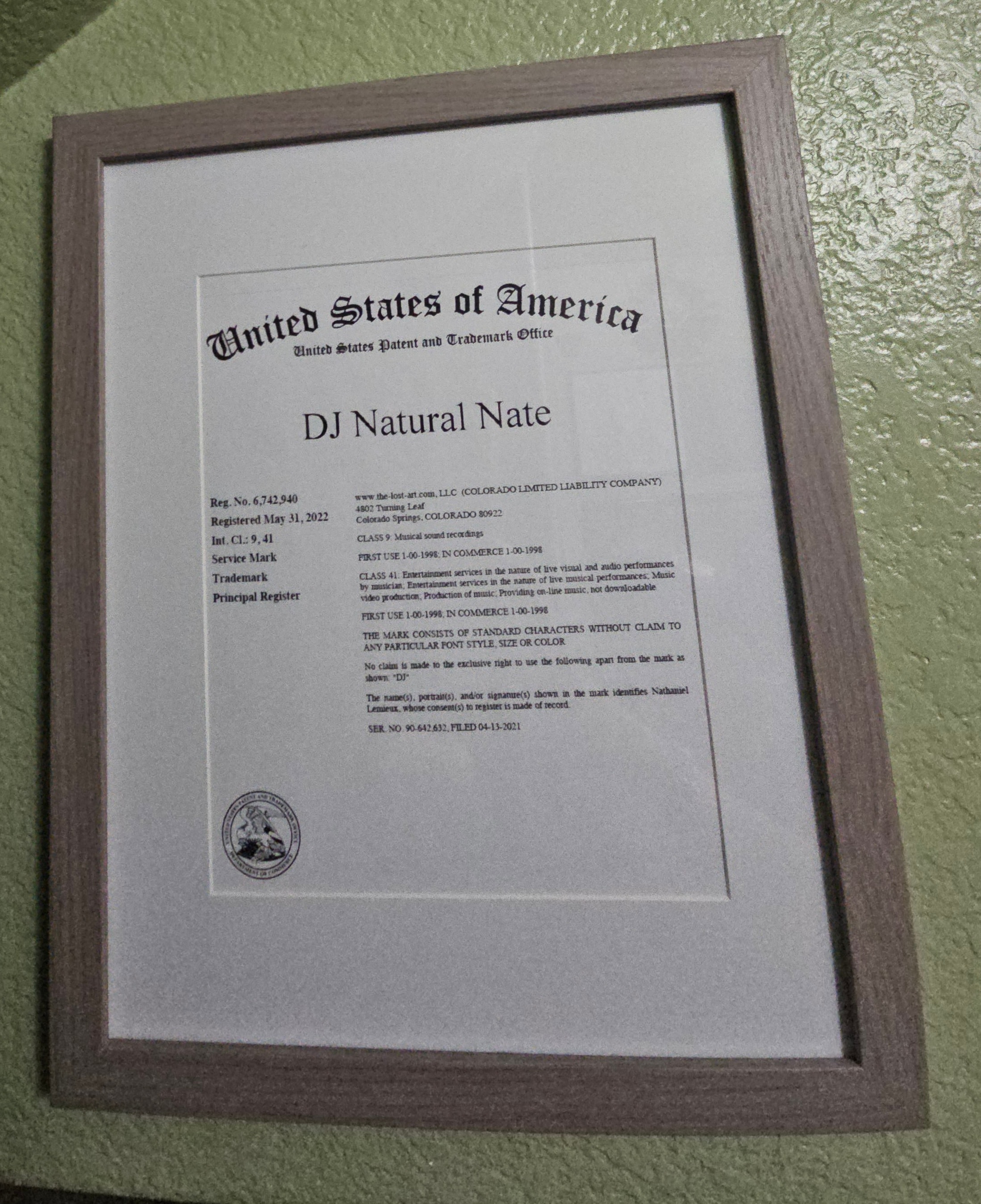 DJ Natural Nate® Registered Trademark Certificate, framed