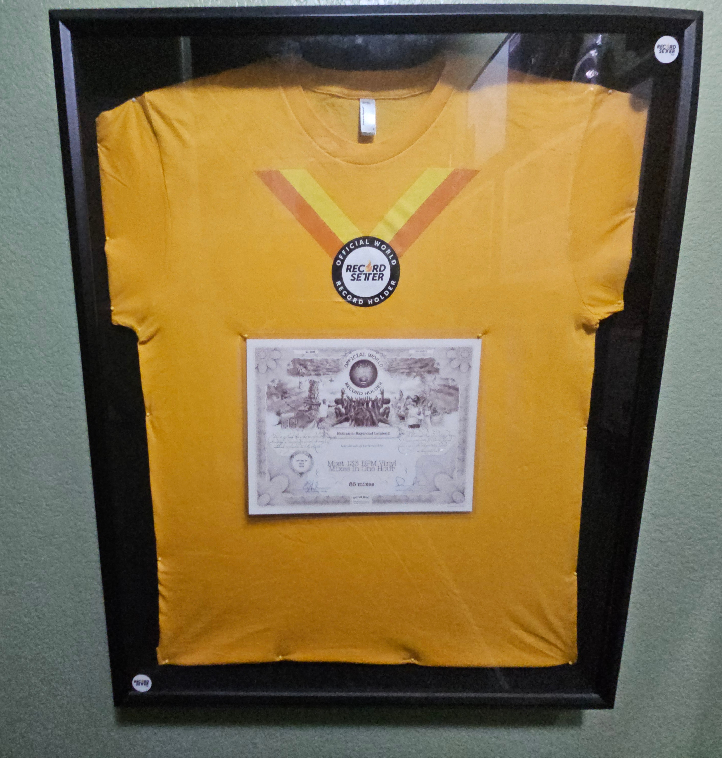 DJ Natural Nate® Official World Record Holder framed display, RecordSetter gold shirt and certificate, 86 mixes at 133 BPM, Nathaniel Raymond Lemieux