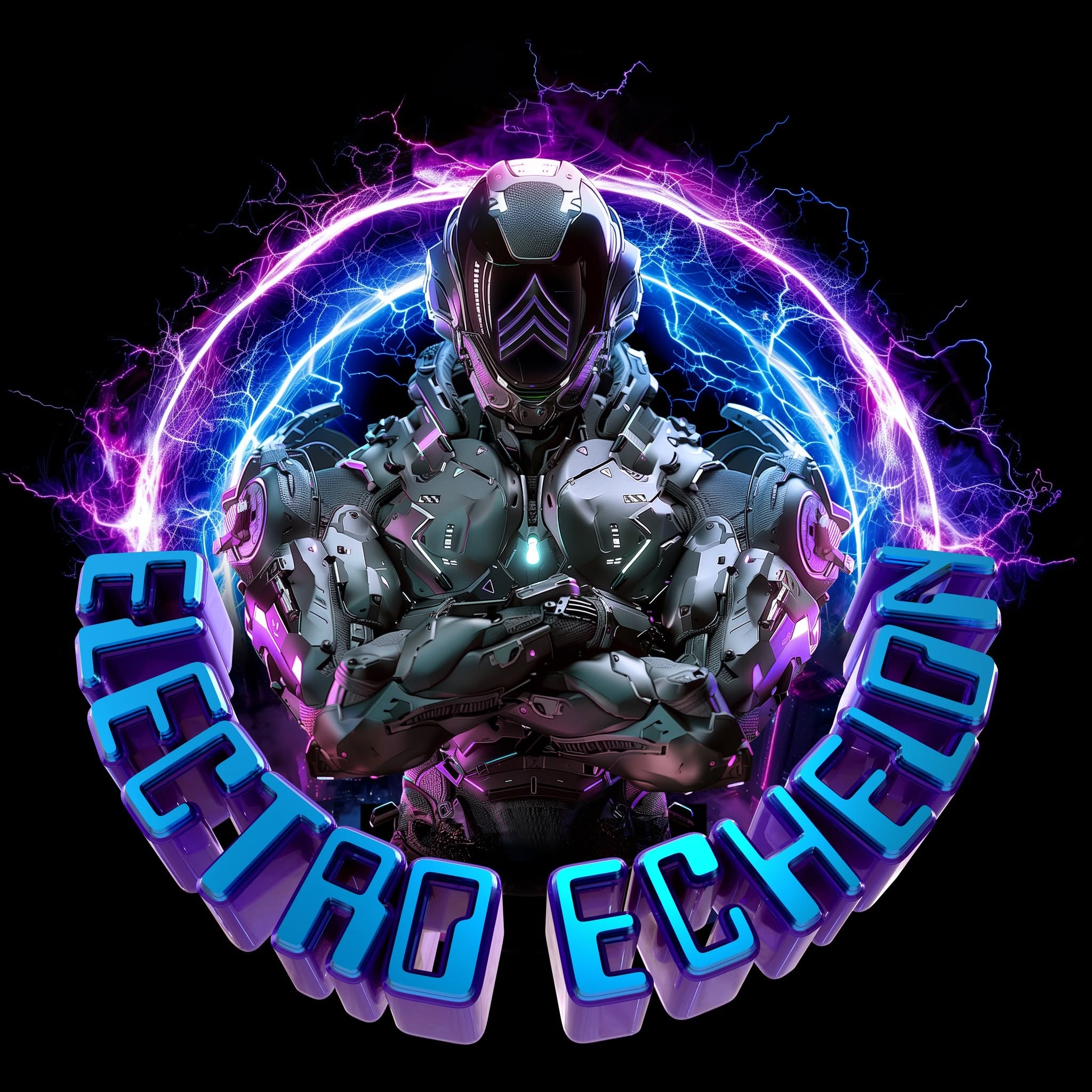 Electro Echelon logo, armored warrior, electric lightning ring, neon blue and purple