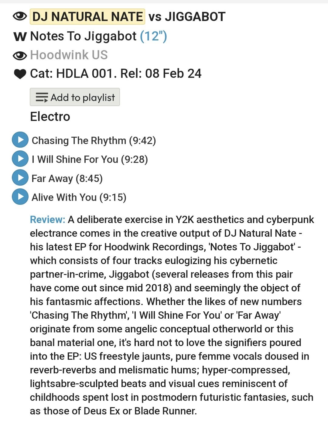 Juno Records review of Notes to Jiggabot EP by DJ Natural Nate vs Jiggabot, Cat: HDLA 001, Hoodwink US, released February 8, 2024