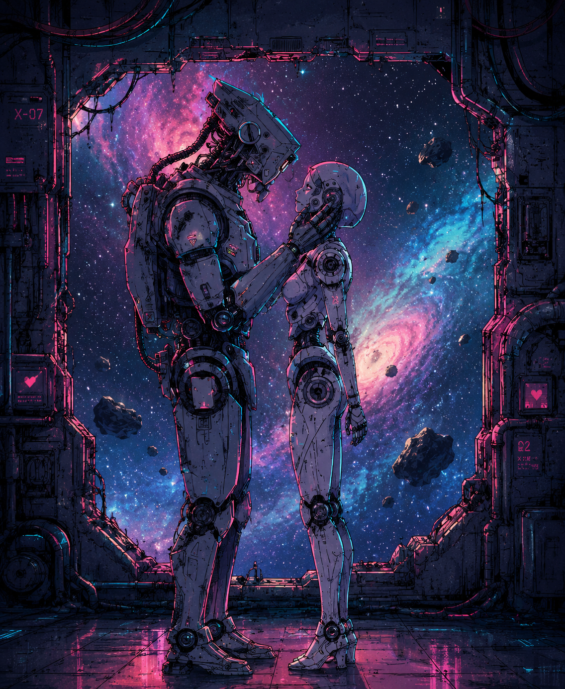 DJ Natural Nate® and Jiggabot, two figures facing each other against a cosmic galaxy, representing the love story and creative partnership at the heart of the music